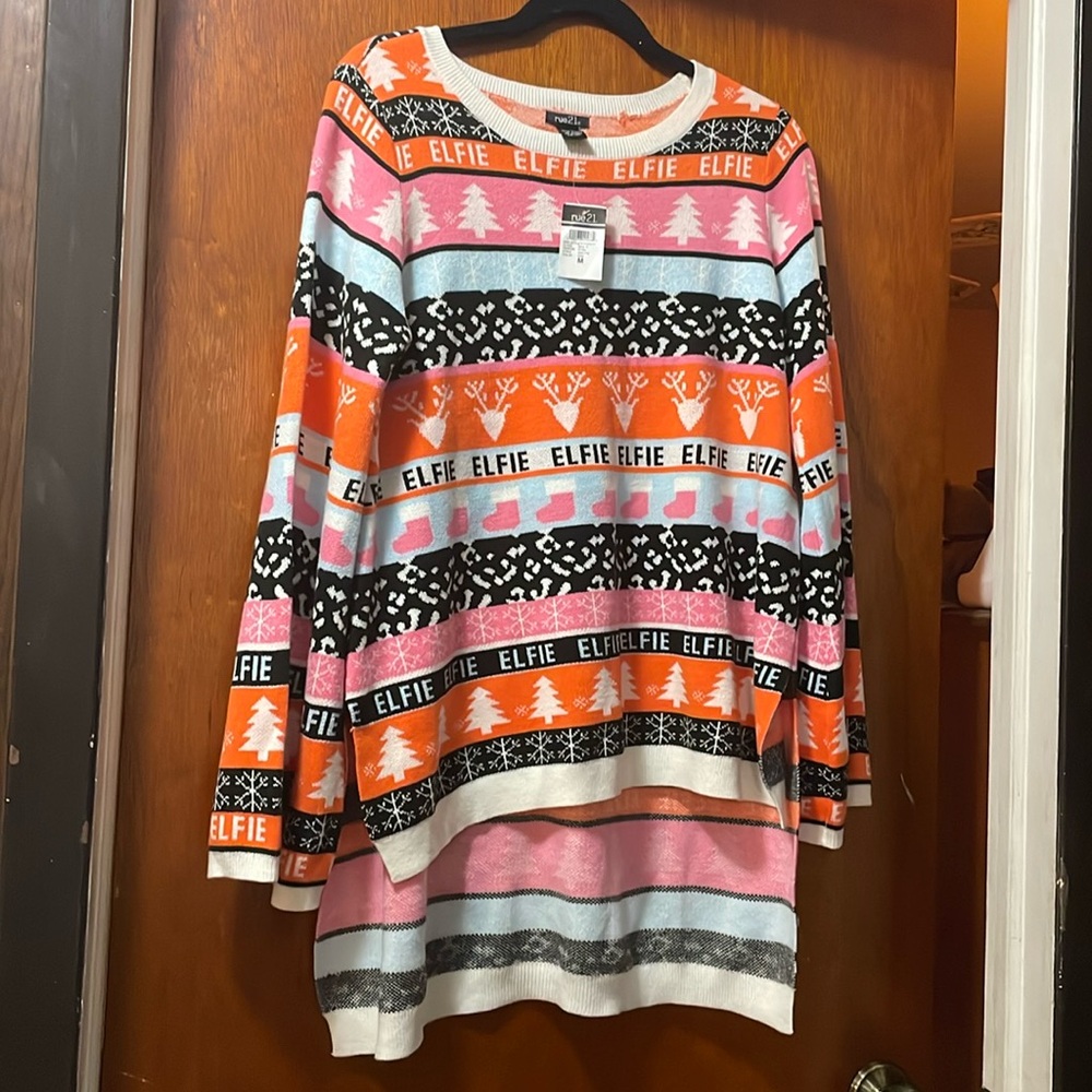Christmas Sweater ELFIE Hi Low Stripe Split SleevesTrees,Deer Orange🎄Price drop🎄